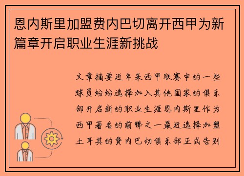 恩内斯里加盟费内巴切离开西甲为新篇章开启职业生涯新挑战