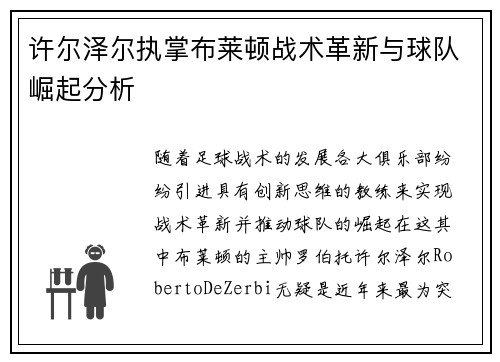 许尔泽尔执掌布莱顿战术革新与球队崛起分析