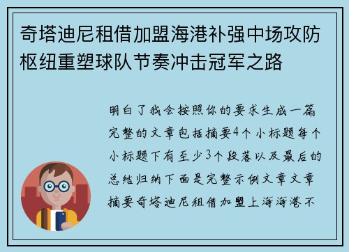 奇塔迪尼租借加盟海港补强中场攻防枢纽重塑球队节奏冲击冠军之路 奇塔迪尼租借加盟海港补强中场攻防枢纽重塑球队节奏冲击冠军之路